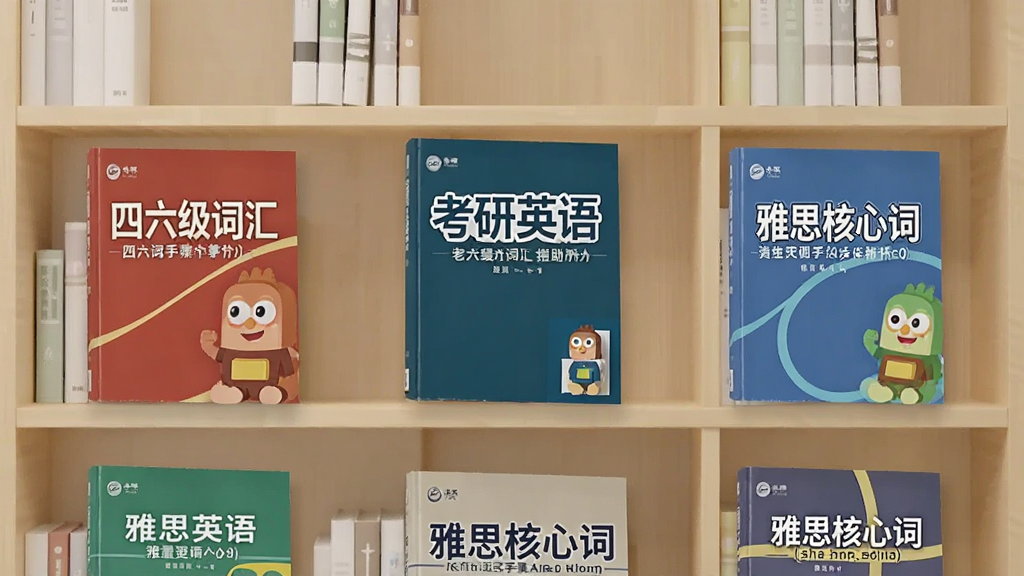 单词助记手词库选择界面截图,画面中展示着排列整齐的单词书封面,包括“四六级词汇”、“考研英语”、“雅思核心词”等,背景是简约的书架,风格清新,细节清晰,画质干净,无多余元素