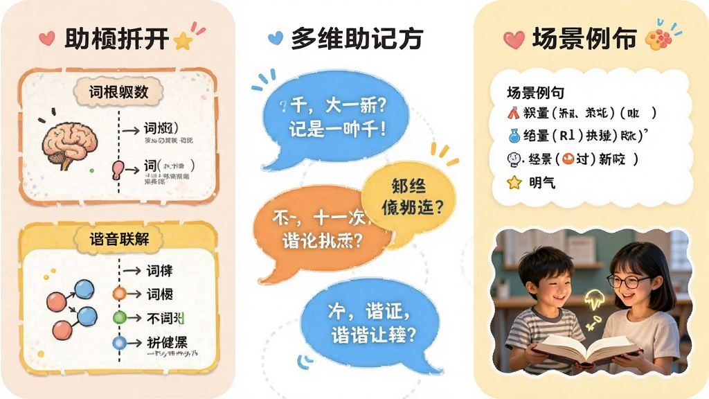 单词助记手多维助记方式展示图,画面左侧是词根词缀拆解卡片,中间是谐音联想气泡,右侧是场景例句和图片,整体布局整齐,风格活泼,细节丰富,画质清晰,干净无多余元素