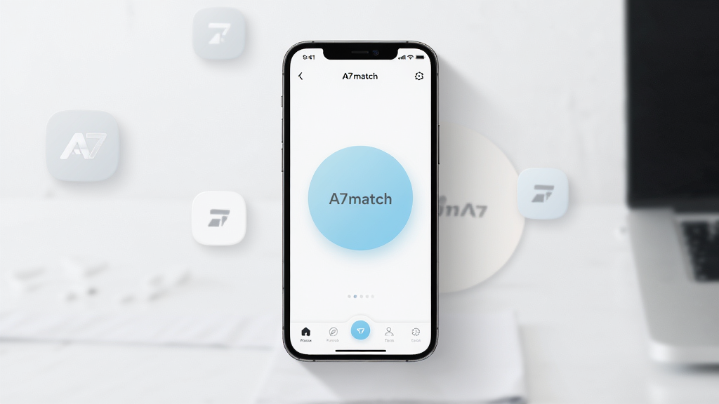 A7match极简界面设计展示,主体为一部手机展示A7match的清爽主页面,布局为居中大按钮配合底部导航栏,排版留白充足,风格清新浅色系,细节包括柔和的阴影和圆润图标,画质高清干净无多余元素。