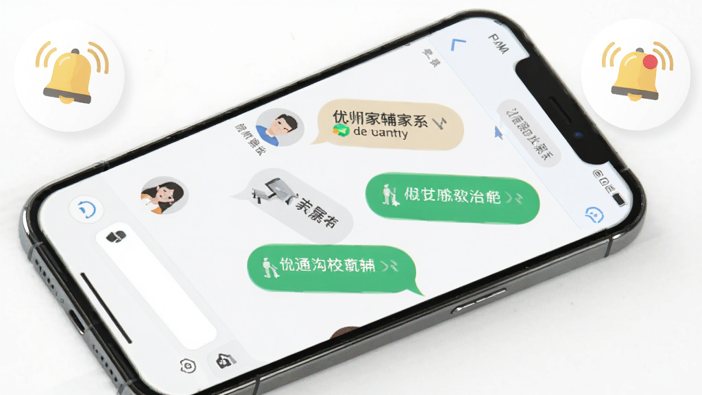 优教家辅家校沟通功能展示,画面中一部手机屏幕显示聊天对话框,对话框内有老师和家长的对话气泡,旁边有通知铃铛图标,布局简洁,风格现代扁平化,细节清晰,画质干净