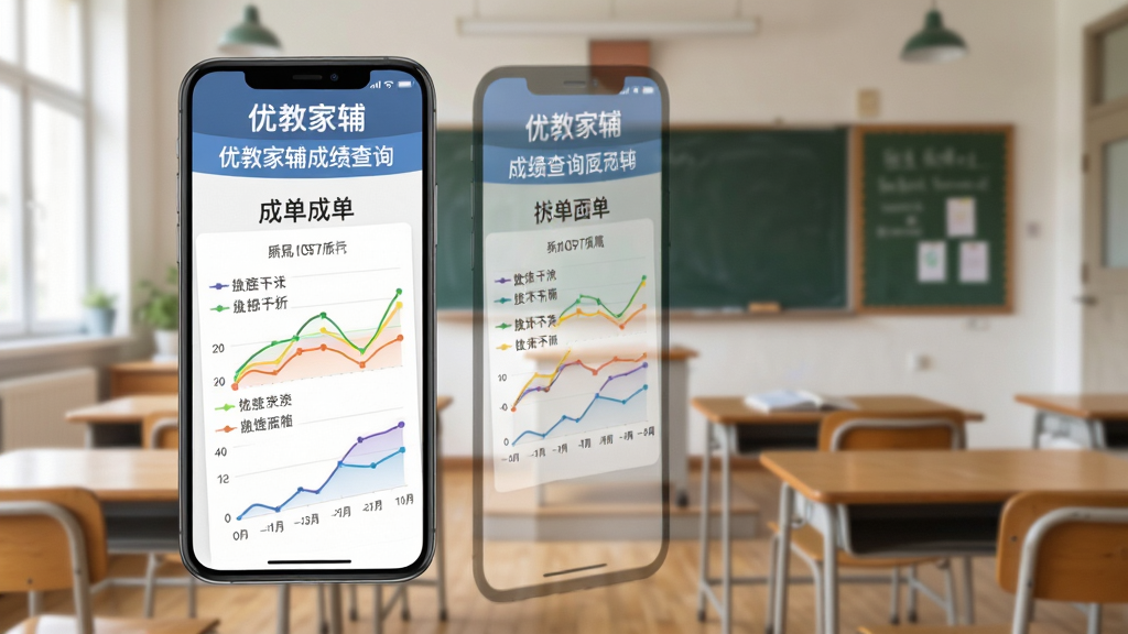 优教家辅成绩查询界面,手机屏幕显示成绩单和折线图,折线图上有不同颜色的数据线,背景是教室场景,风格简洁商务,细节清晰,画质干净无多余元素