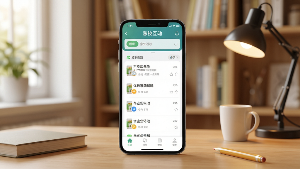优教家辅软件主界面展示,画面中央是一部智能手机,屏幕上显示家校互动应用界面,包含作业列表和通知栏,背景是温馨的书房环境,风格写实清新,细节清晰,画质干净无多余元素