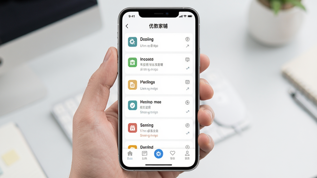 优教家辅手机端操作界面截图,画面展示手机屏幕上的作业列表和底部导航栏,布局清晰,风格简约现代,细节可见图标和文字,画质干净无多余元素