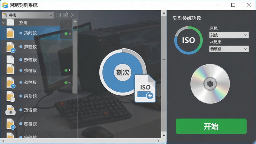 一张展示网吧刻录系统一键刻录功能的示意图,主体为软件界面中央的刻录按钮与ISO文件图标,布局为左右分栏,左侧为文件列表,右侧为刻录参数区,排版整齐,风格为扁平化设计,细节包括进度环、光盘图案、绿色开始按钮,画质清晰,干净,无多余元素