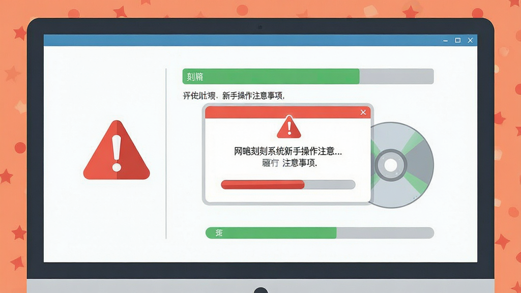 一张展示网吧刻录系统新手操作注意事项的提示图,主体为电脑屏幕显示刻录进度与警告弹窗,布局为居中特写,排版简洁,风格为扁平插画风,细节包括红色警示图标、光盘、进度条,画质清晰,干净,无多余元素