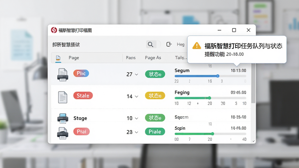 一张福昕智慧打印任务队列与状态提醒功能的界面截图风格图,画面中央为软件窗口,窗口内显示打印队列列表,包含文档图标、页数、状态标签和进度条,窗口右上角弹出提醒气泡,布局为居中窗口加浮层,排版整齐,风格为现代办公软件UI风,细节包括彩色状态标签、打印机小图标、时间戳,画质高清,画面干净,无多余元素