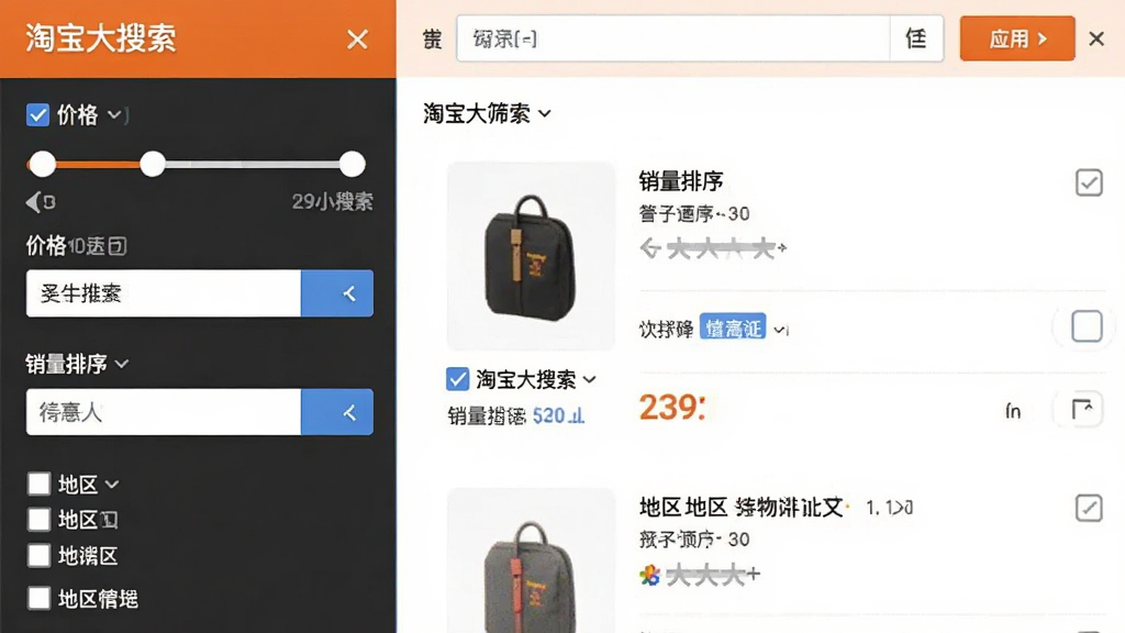软件功能界面截图,画面展示“淘宝大搜索”的多条件筛选面板,包含价格滑块、销量排序、地区勾选列表,布局为左侧面板加右侧结果区,风格为扁平化设计,细节有勾选框、输入框、应用按钮,画质清晰,文字为中文,干净无多余元素