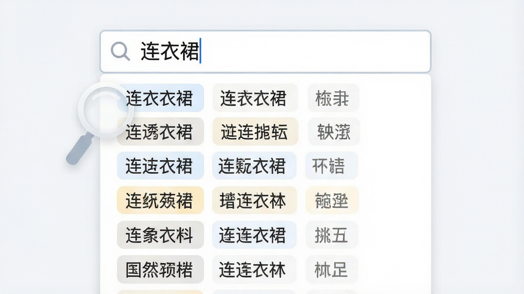 软件关键词联想功能展示图,画面中央为搜索框输入“连衣裙”,下方弹出多行联想词列表,布局为垂直排列,风格为清爽浅色,细节有放大镜图标、词条高亮,画质高清,文字为中文,干净无多余元素
