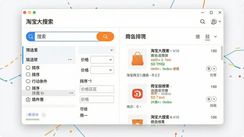 一张干净的软件界面展示图,画面中央是“淘宝大搜索”软件主窗口,左侧为搜索栏与筛选条件区,右侧为商品结果列表,整体布局清晰,排版规整,风格为现代简约科技风,细节包括搜索按钮、排序下拉框、价格区间输入框,画质高清,界面文字使用中文,干净无多余元素