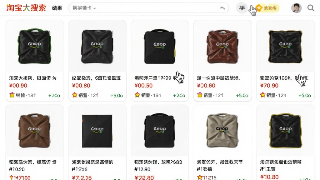 商品卡片列表界面,画面展示“淘宝大搜索”结果页,每张卡片包含商品图、标题、价格、销量,布局为网格状排列,风格为现代电商风,细节有鼠标悬停高亮效果,画质清晰,文字为中文,干净无多余元素