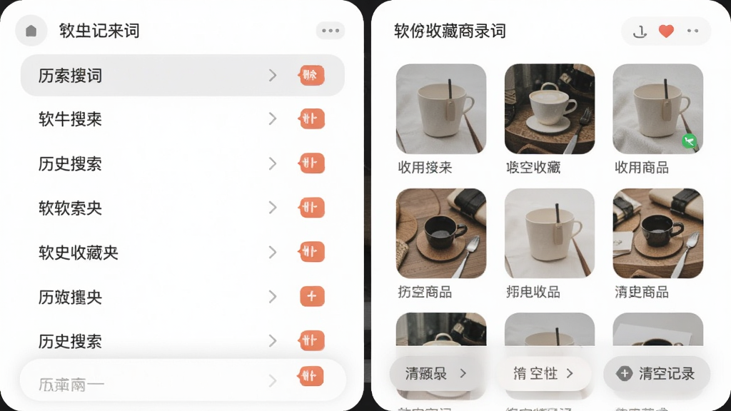 软件收藏夹与历史记录面板,画面左侧为历史搜索词列表,右侧为收藏商品缩略图,布局为左右分栏,风格为柔和圆角,细节有删除按钮、清空记录选项,画质高清,文字为中文,干净无多余元素