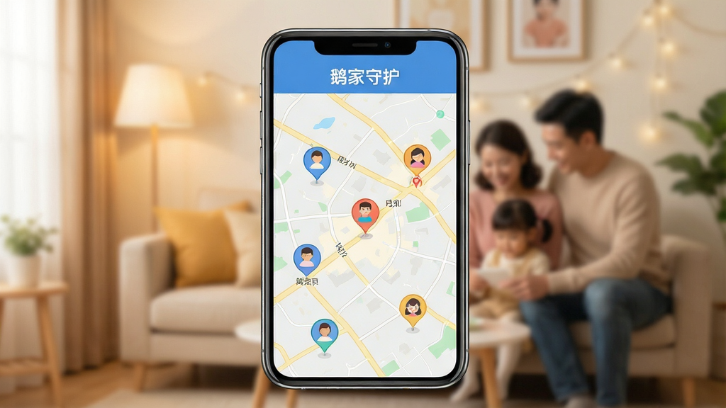 鹅家守护软件主界面展示,画面中央放置一部智能手机,屏幕显示家庭成员实时位置地图,地图上有多个彩色头像标记,顶部显示