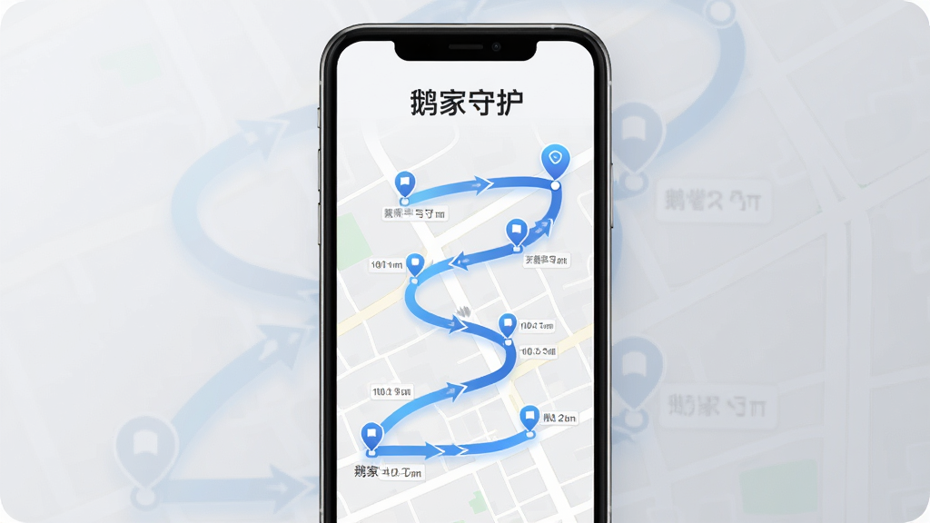鹅家守护历史轨迹功能界面,画面中央为手机屏幕显示一条弯曲的行走路线,路线用蓝色渐变线条标注起点和终点,沿途有多个时间节点图标,屏幕上方显示