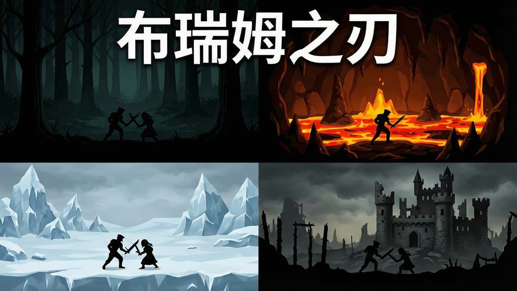多个不同风格的关卡场景拼接画面,包括幽暗森林、熔岩洞穴、冰雪荒原和废弃城堡,每个场景中都有黑色剪影角色在战斗,画面顶部用白色字体写着