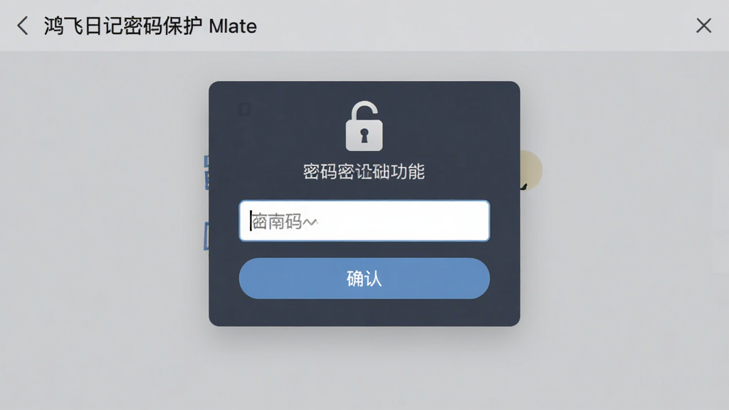 一张展示鸿飞日记本密码保护功能的界面截图,主体是密码输入弹窗,布局居中显示,排版简洁,风格安全稳重,细节包括锁形图标、密码输入框、确认按钮,画质清晰,画面干净,无多余元素。