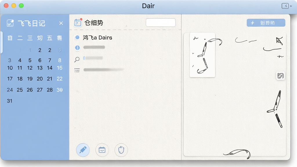 一张展现鸿飞日记本软件界面的全景图,主体是整洁的日记编辑窗口,左侧是日历导航栏,右侧是书写区域,布局采用经典双栏设计,排版清晰有序,风格简约清新,细节包括纸张纹理背景、柔和的蓝白配色、精致的图标按钮,画质高清,画面干净,无多余元素。