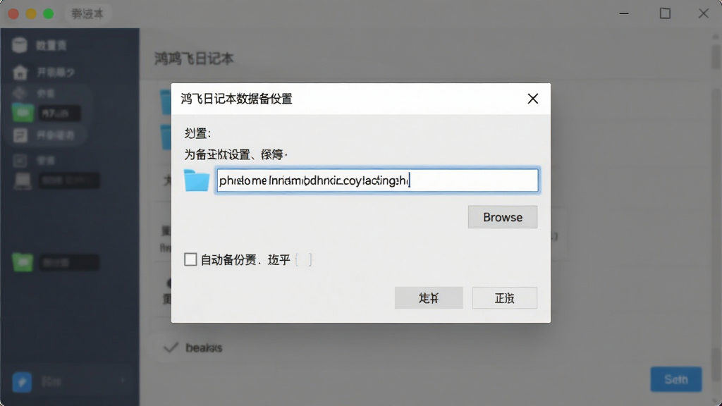 一张展示鸿飞日记本数据备份设置界面的图片,主体是文件夹选择对话框,布局居中弹窗,排版清晰,风格专业实用,细节包括路径输入框、浏览按钮、自动备份复选框,画质清晰,画面干净,无多余元素。