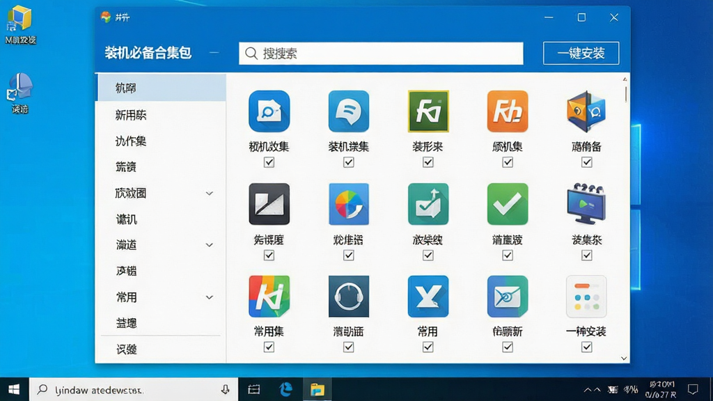 一张Windows电脑桌面屏幕中央显示“装机必备合集包”软件主界面,界面左侧为软件分类导航栏,右侧为常用软件图标网格,每个图标下方有勾选框,整体布局简洁清晰,顶部有搜索框和“一键安装”按钮,风格为现代扁平化设计,色调以蓝白为主,画面干净整洁,无多余元素,高清画质
