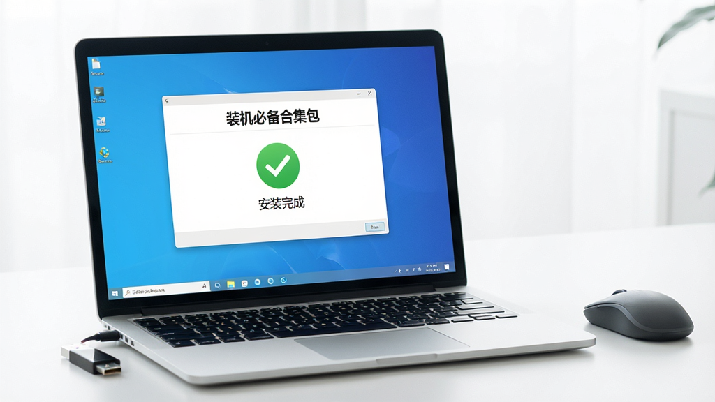 一台打开的笔记本电脑旁边放着鼠标和U盘,屏幕上显示“装机必备合集包”安装完成界面,界面中央有一个绿色对勾图标和“安装完成”字样,桌面背景为简洁的蓝色渐变,整体画面明亮清新,风格为写实摄影,构图干净,无多余杂物,高清画质