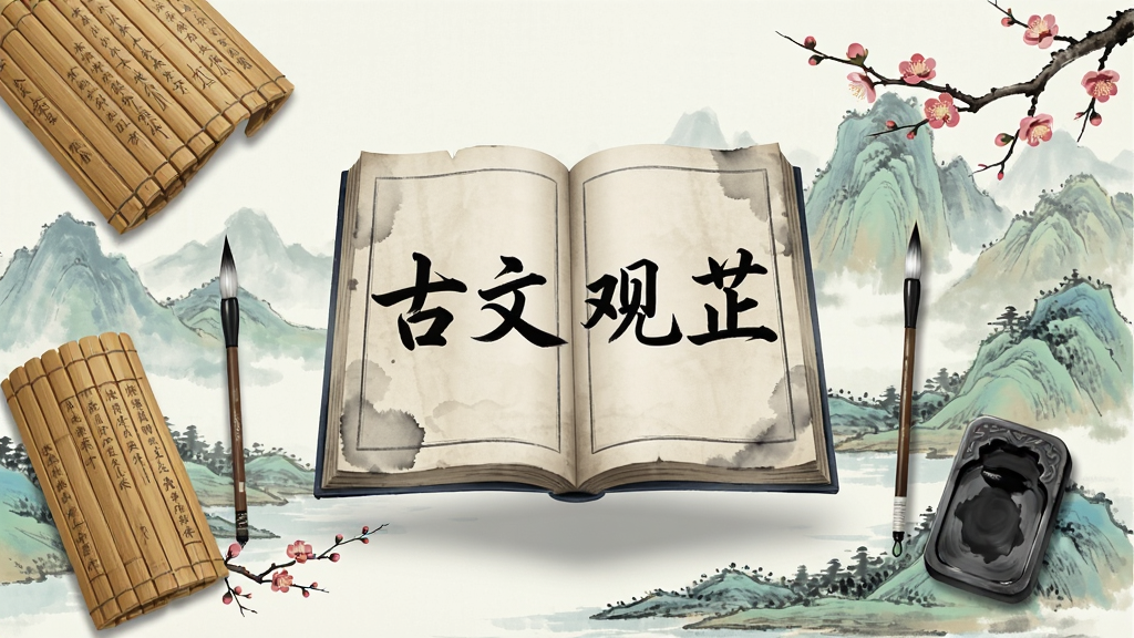 主视觉展示一幅古风山水画卷,画卷中央悬浮着一本展开的古籍,书页上隐约可见「古文观芷」四个毛笔字,周围环绕着竹简、毛笔、砚台和梅花,背景是淡雅的青绿山水,整体布局中心对称,风格为中国传统水墨画,细节包含细腻的笔触和晕染效果,画质高清,干净,无多余元素