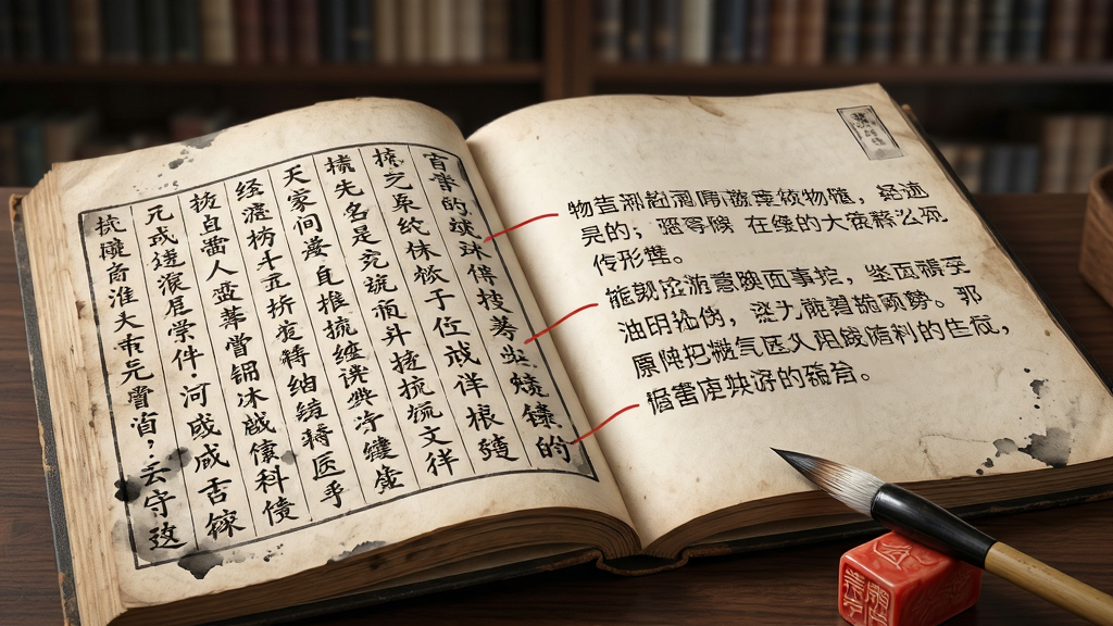 特写画面展示一本摊开的古书,书页左侧是竖排繁体古文,右侧是横排简体白话译文,中间有红色批注线条连接,画面右下角放置一支毛笔和一枚印章,背景为虚化的书架,布局左右对比鲜明,风格为写实摄影与插画结合,细节包含纸张纹理和墨迹质感,画质高清,干净,无多余元素
