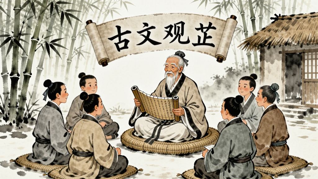 画面中央是一幅古代文人讲学场景的插画,一位老者坐在蒲团上手持书卷,周围围坐着几位年轻学子,背景是竹林和茅屋,空中飘浮着「古文观芷」字样的半透明卷轴,布局为三角形构图,风格为国风水墨插画,细节包含人物神态和衣纹褶皱,画质高清,干净,无多余元素