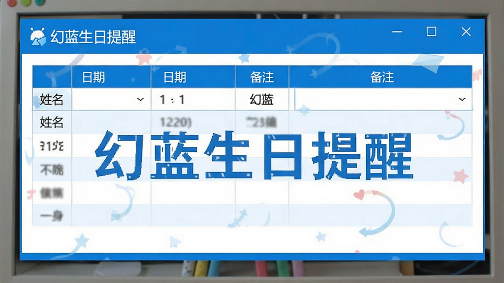 一张电脑屏幕截图,展示幻蓝生日提醒软件中的生日信息录入界面,表格中包含姓名、日期、备注等字段,界面风格简洁,蓝色主题,画面中带有