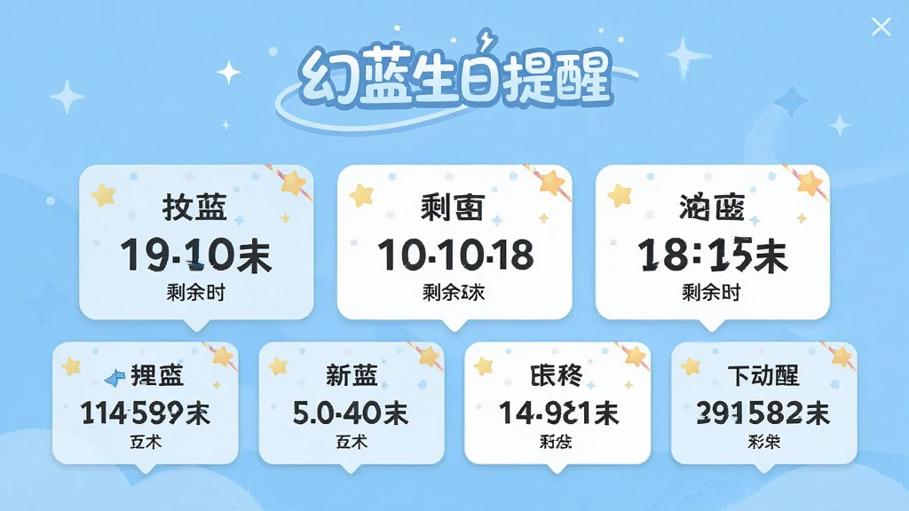 幻蓝生日提醒倒计时界面截图,画面中央显示多个生日倒计时卡片,每张卡片上有姓名和剩余天数,背景为浅蓝色,界面风格清爽,带有