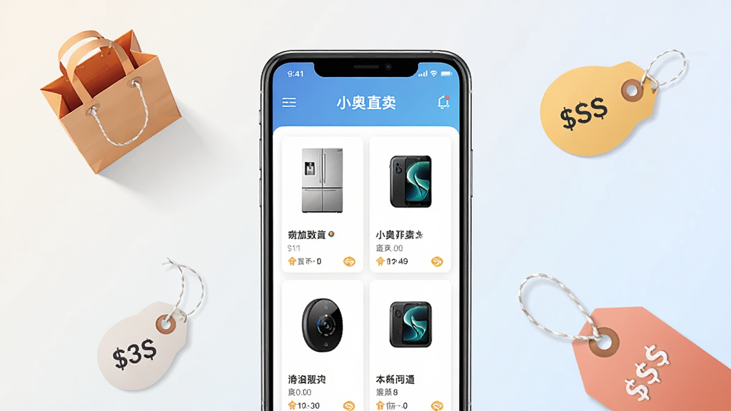 一张展示手机购物应用界面的图片,画面中央是一部智能手机,屏幕上显示着小奥直卖APP的商品列表页面,包含家电、数码产品等商品卡片,背景为简洁的浅色渐变,周围点缀购物袋和价格标签元素,整体风格清新现代,排版干净整洁,画质清晰,无多余元素