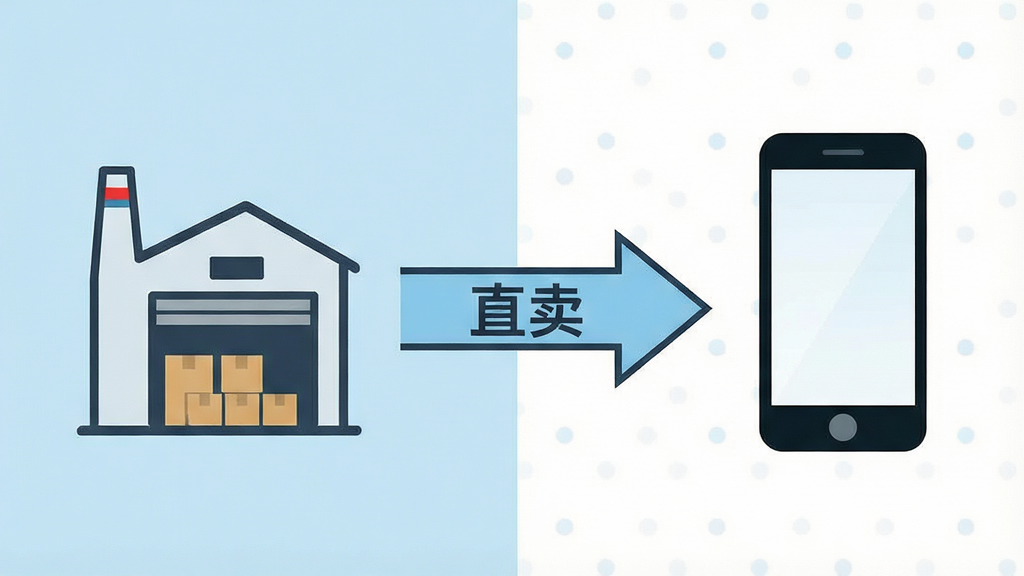 一张展示厂家直卖模式的示意图,画面左侧为工厂仓库图标,右侧为消费者手机图标,中间用一条简洁的箭头连接,箭头上标注着“直卖”字样,背景为浅蓝色与白色搭配,风格简洁商务,排版清晰,画质干净,无多余元素