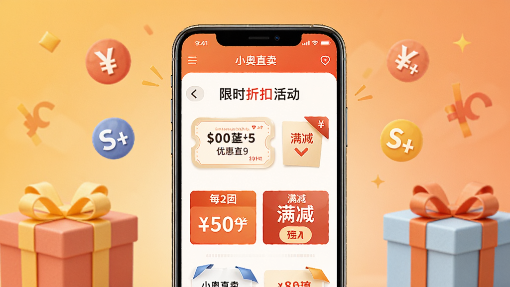 一张展示购物优惠活动的图片,画面中央是一部手机,屏幕上显示着小奥直卖APP的限时折扣活动页面,包含优惠券和满减标签,背景为暖色调渐变,周围有礼盒和折扣图标点缀,风格活泼明快,排版整洁,画质清晰,无多余元素