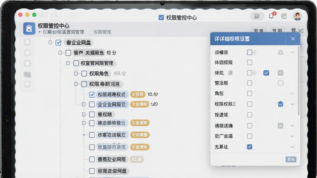 睿图企业网盘权限管理界面特写,画面中展示一个树状组织架构图,每个节点旁有权限勾选框与角色标签,右侧弹出详细权限设置面板,背景为浅灰色商务风格,文字标注“权限管控中心”,画面干净整洁,画质精细