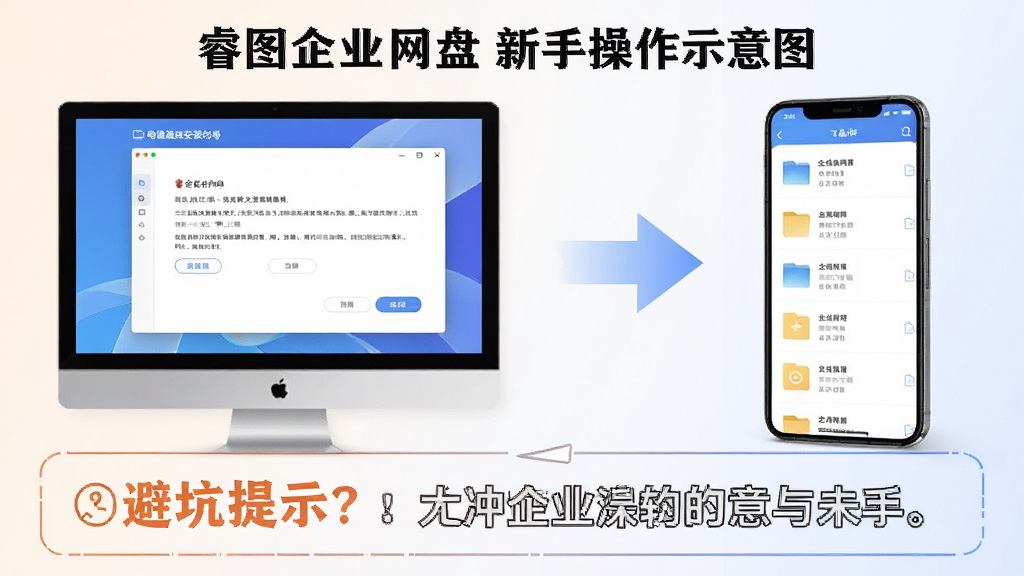 睿图企业网盘新手操作示意图,画面左侧展示电脑端安装向导界面,右侧展示手机端文件列表页面,中间用箭头连接,底部有醒目的避坑提示文字框,整体风格为教程图解式,色彩柔和,画质清晰