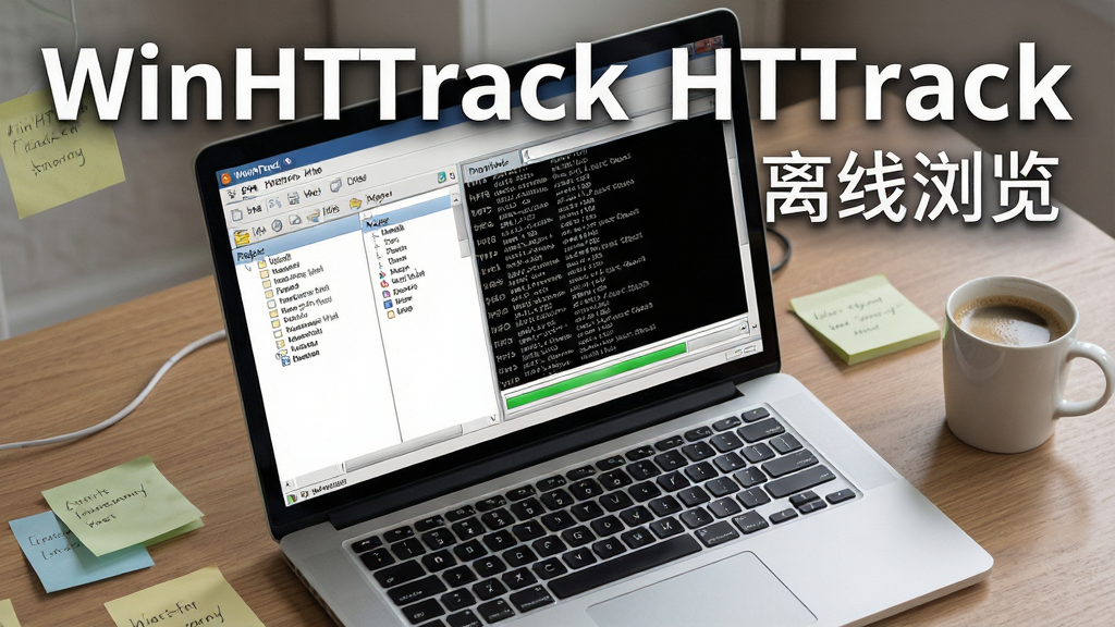 一张展示 WinHTTrack HTTrack 软件工作场景的写实风格图片。画面主体是一台打开的笔记本电脑,屏幕上清晰显示 WinHTTrack HTTrack 的经典操作界面,左侧是项目列表,右侧是正在滚动的网站抓取日志和进度条。笔记本周围散落着几张便签纸和一杯咖啡,背景是整洁的木质办公桌面。整体布局采用俯视微侧视角,光线柔和自然。风格偏向现代商务科技感,细节上强调屏幕内软件界面的文字可读性,画面中打上文字