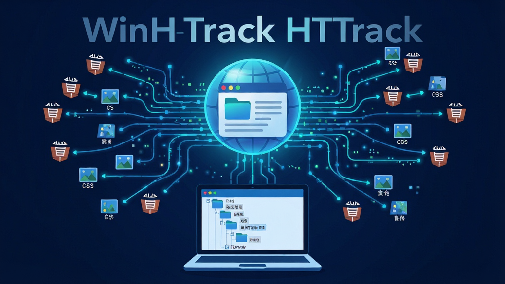 一幅科技感十足的概念插画,表现 WinHTTrack HTTrack 整站镜像抓取功能。画面中央是一个发光的球形网站图标,无数条数据线从球体延伸出来,汇聚到下方一台笔记本电脑中,电脑屏幕显示文件夹结构树。布局采用中心放射状构图,风格为扁平化科技风,配色以深蓝和亮青色为主。细节上,每条数据线上漂浮着微小的 HTML、图片和 CSS 图标。画面中打上文字
