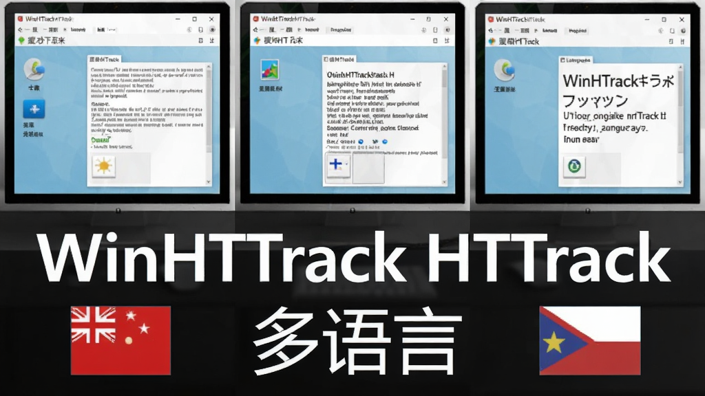 一张展示 WinHTTrack HTTrack 多语言界面的合成图片。画面中并列排列着三块电脑屏幕,分别显示中文、英文和日文版的 WinHTTrack HTTrack 界面,屏幕下方有对应的国旗图标。布局采用横向三栏对称构图,风格为简洁商务风,配色以白色和浅蓝为主。画面中打上文字