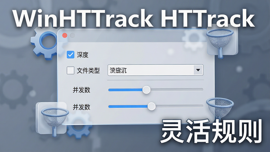 一张展示 WinHTTrack HTTrack 规则设置界面的数字插画。画面主体是一个悬浮的半透明设置面板,面板中排列着各种勾选框、下拉菜单和滑动条,分别标注着