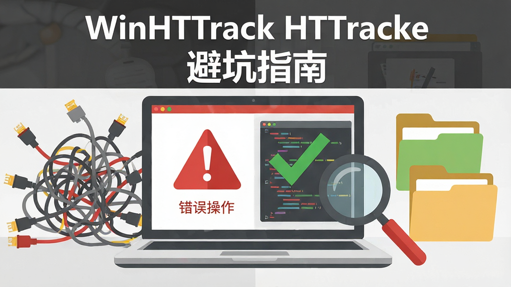 一幅描绘 WinHTTrack HTTrack 新手避坑指南的插画。画面主体是一台笔记本电脑,屏幕上显示一个红色的警告三角形和一个绿色的对勾,分别代表错误操作和正确操作。笔记本旁边有一个放大镜正在仔细检查代码。布局采用左右对比构图,左侧是混乱的线缆代表错误,右侧是整齐的文件夹代表正确。风格为扁平化教育插画,配色以红、绿、灰为主。画面中打上文字