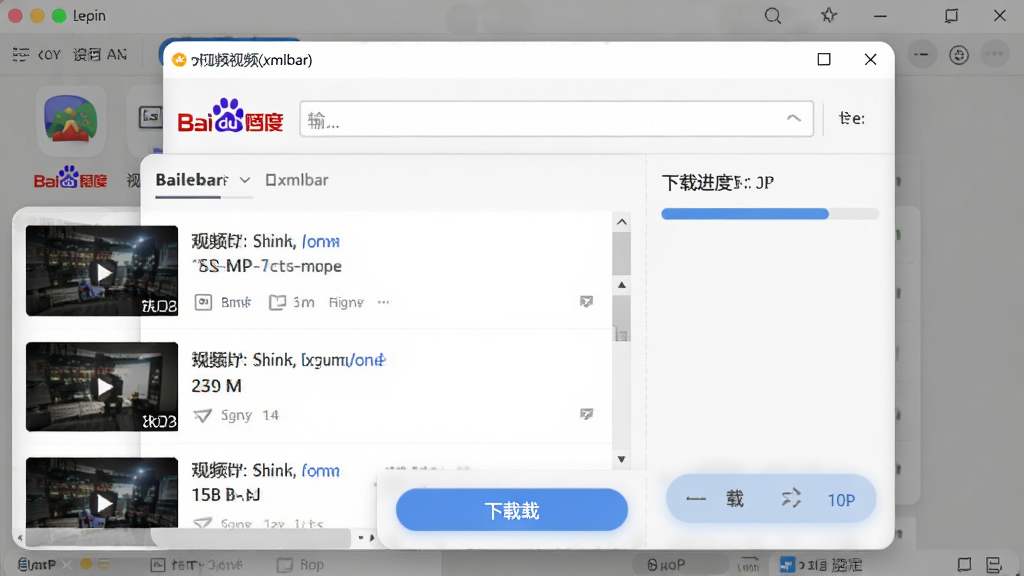 软件主界面截图,画面中央展示百度贴吧视频下载(xmlbar)的窗口,布局为顶部输入框与底部下载按钮,左侧显示贴吧视频列表缩略图,右侧为下载进度条,风格为现代简约浅色主题,细节清晰,画质1080P,干净无多余元素