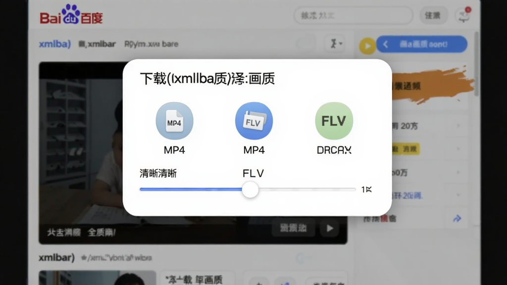 百度贴吧视频下载(xmlbar)画质选择界面,画面中央弹出格式与画质选项窗口,包含MP4、FLV等格式图标和清晰度滑块,背景为贴吧视频缩略图,风格为柔和圆角设计,细节清晰,画质高清,干净无多余元素