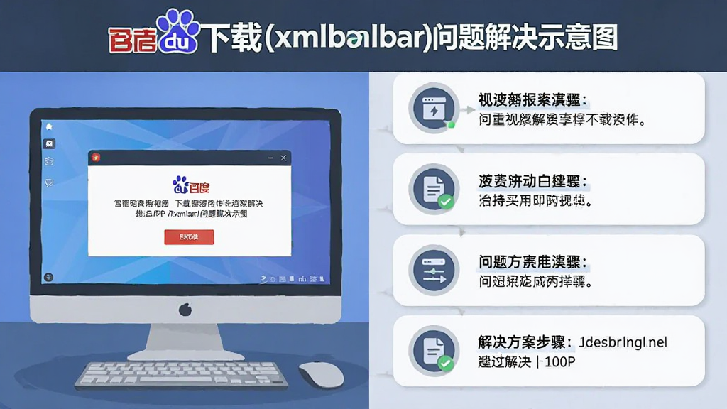 百度贴吧视频下载(xmlbar)问题解决示意图,画面展示电脑屏幕上的错误提示窗口与解决方案步骤列表,布局为左右分栏,左侧为问题图标,右侧为操作指引,风格为扁平化信息图,细节清晰,画质1080P,干净无多余元素