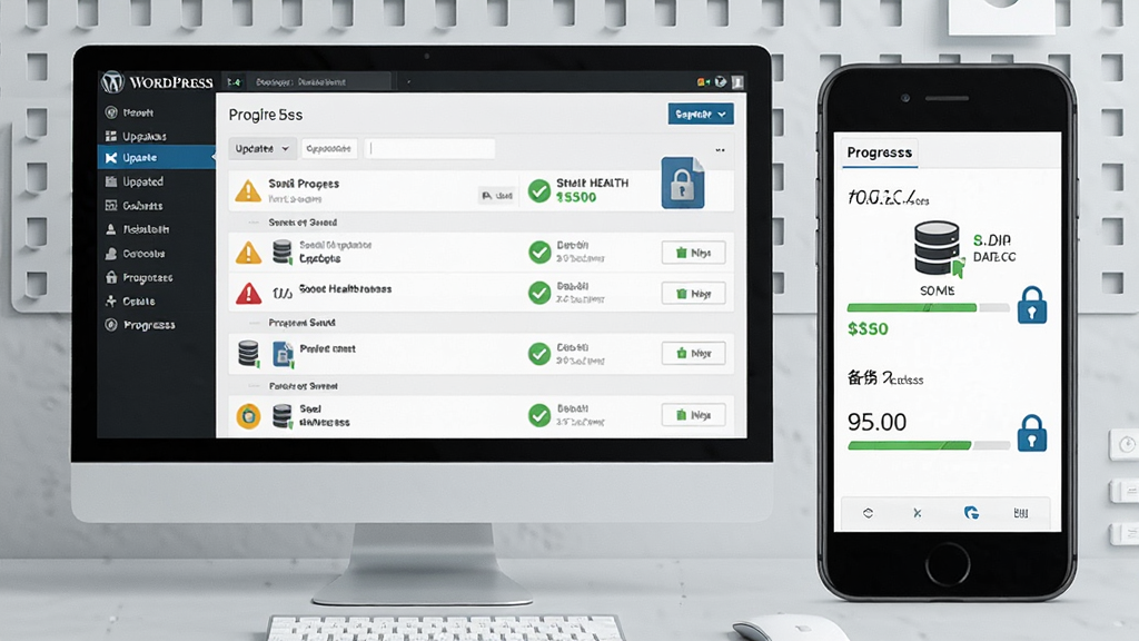 ����չʾ��WordPress����̨ά������������Ϊ������Ļ���ֻ���Ļ���У���Ļ����ʾ��������б���վ�㽡������뱸�ݽ��ȣ�����Ϊǳ�ҹ���̨�����ü��������ϸ�ڰ�������ͼ�ꡢ��ɫ�Թ������ݿ�ͼ�������ΰ�ȫ��ʶ�������������ɾ����޶���Ԫ�ء�