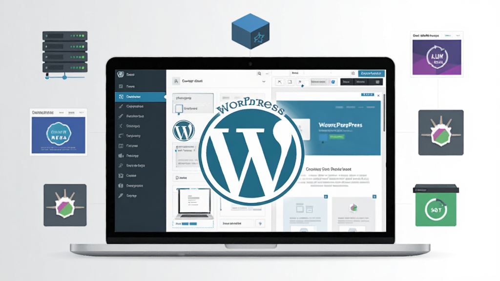 ��������Ϊ��WordPress���ٷ���־����ɫԲ�λձ꣬������һ̨�򿪵ıʼǱ����ԣ���Ļ��չʾ���ӻ���վ��̨������༭�����棬���Ϊ�˵������Ҳ�Ϊҳ��Ԥ������Χ���Ʒ�����������������ģ�塢���ͼ���Ԫ�أ����岼�־��жԳƣ����ü���ƽ���Ƽ���񣬱���Ϊǳ���봿�׽��䣬ϸ�ڰ���������ק����ӦʽԤ����վ�㽡�����֣������������ɾ����޶���Ԫ�ء�