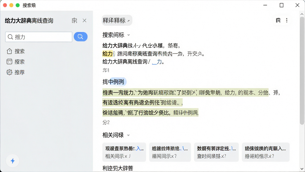 一张展示给力大辞典离线查询功能的图片,主体是软件界面中搜索
