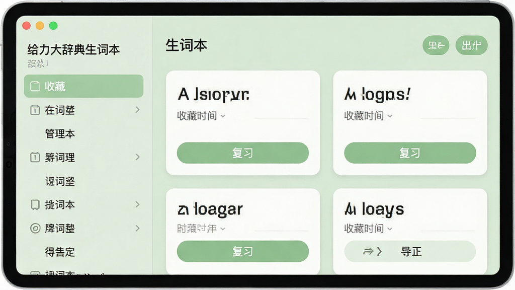 一张展示给力大辞典生词本功能的图片,主体是软件中的生词本管理界面,布局为左侧分类列表、右侧单词卡片展示,排版规整,风格为柔和护眼的浅绿色系界面,细节包含单词卡片、收藏时间、复习按钮、导出选项,画质高清,干净,无多余元素