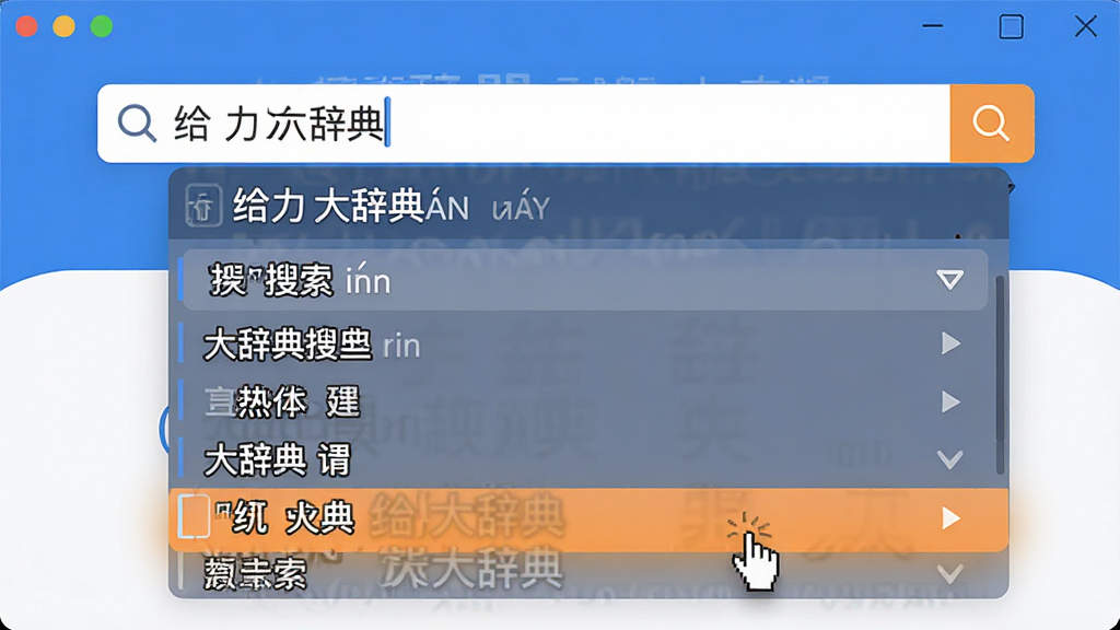 一张展示给力大辞典智能搜索功能的图片,主体是软件搜索框下方展开的联想词列表,布局为搜索框在上、候选词在下,排版紧凑,风格为现代扁平化软件界面,细节包含拼音输入提示、多个候选词条、鼠标悬停高亮效果,画质高清,干净,无多余元素