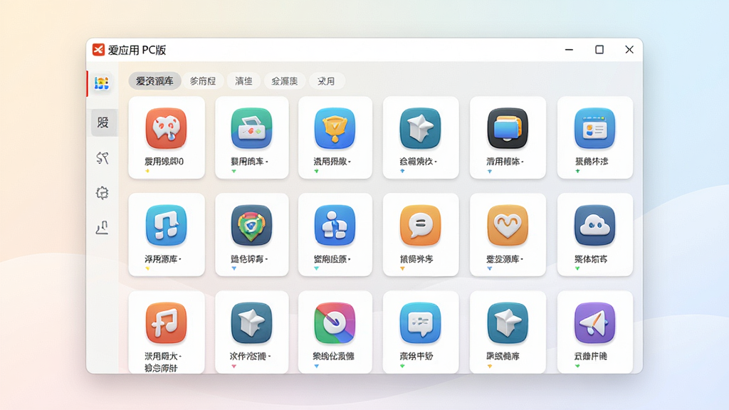 一张展示应用资源库的界面图,画面中央是爱应用PC版的软件主界面,屏幕上整齐排列着各类应用图标卡片,分类标签清晰可见,背景为浅色渐变,风格简洁明快,细节上图标有轻微立体感,画质高清,画面干净,无多余元素