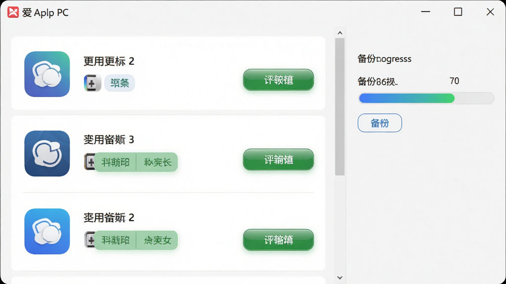 一张应用更新与备份功能界面图,画面主体是爱应用PC版的更新列表页面,屏幕上显示多个应用图标与更新按钮,右侧有备份进度条,风格为简约商务风,细节上按钮有轻微高光,画质高清,画面干净,无多余元素