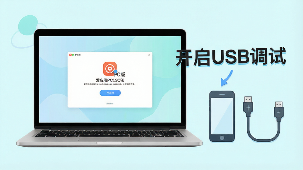 一张新手操作提示图,画面中笔记本电脑屏幕上显示爱应用PC版的连接引导页面,旁边有手机图标与数据线,画面中有醒目的提示文字“开启USB调试”,风格为清新浅色风,细节上文字清晰、图标简洁,画质高清,画面干净,无多余元素