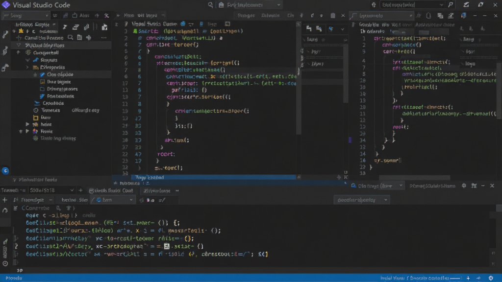 һ��չʾ Visual Studio Code �����������ȫ��ͼ��������������ɫ����Ĵ���༭���ڣ�������ļ���Դ���������Ҳ��Ǵ���༭�����ײ��Ǽ����ն���壬��������ʾ��ɫ�﷨�����Ĵ��룬���岼�����࣬����ִ��Ƽ��У������������ɾ��޶���Ԫ��
